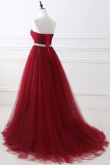 Burgundy Sweetheart Tulle Long prom Dress Crystal