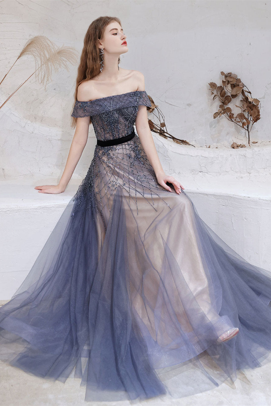 Gorgeous Off-the-Shoulder Tulle Prom Dress With Beadings Online