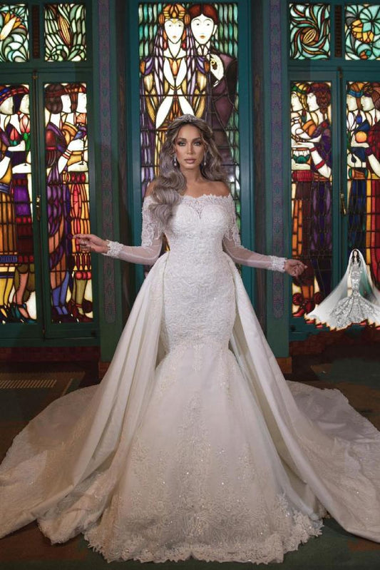 Long Detachable Sleeves Off-the-Shoulder Mermaid Wedding Dresses in Modern Style