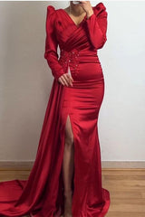 Classy V-Neck Long Sleeves Mermaid Prom Dress Ruffles With Appliques Split