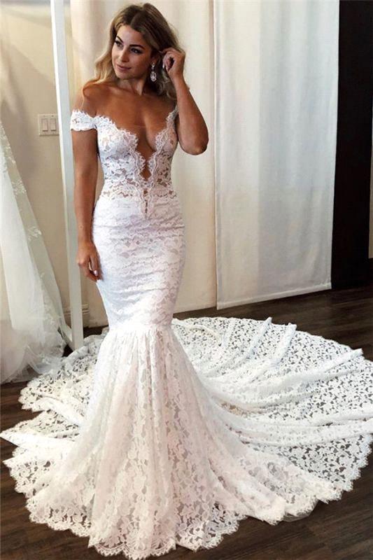 Elegant Mermaid-style Floor-length Off-the-shoulder Bridal Gown with Lace Appliques
