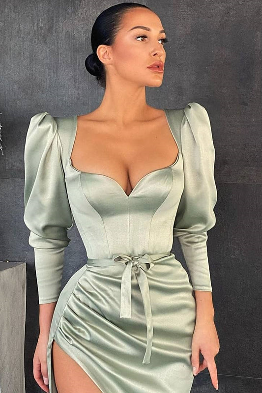 Amazing Long Sleeves Mermaid Prom Dress Sweetheart Dusty Sage Evening Gown With Slit