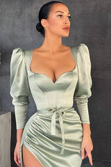 Amazing Long Sleeves Mermaid Prom Dress Sweetheart Dusty Sage Evening Gown With Slit