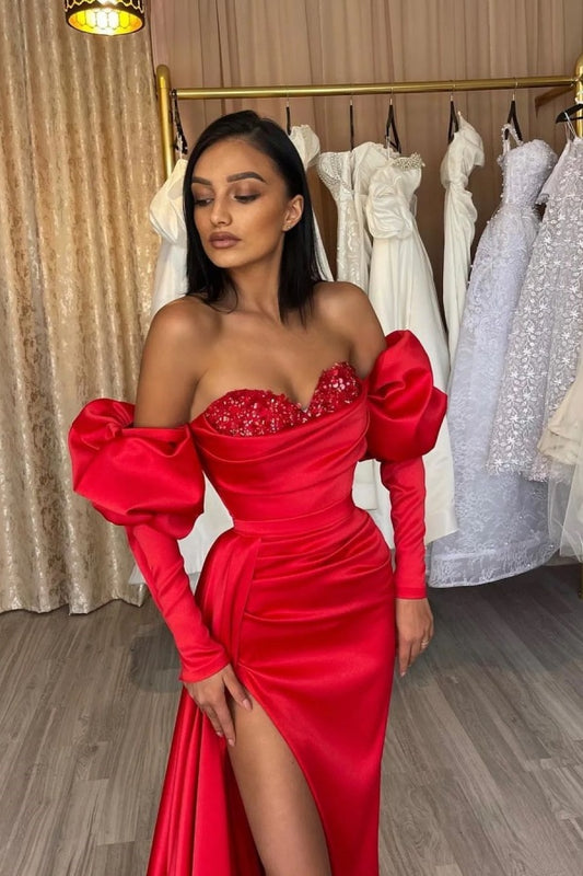 Red Off-the-Shoulder Long sleeves Prom Dress Split with Sequins