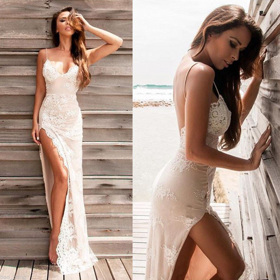 Amazing Spaghetti-Straps Long Prom Dress With Slit Lace Party Gowns