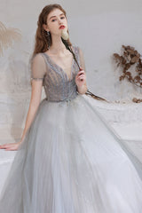 Gorgeous Light Grey Short Sleeve Prom Dress Tulle Long With Beads