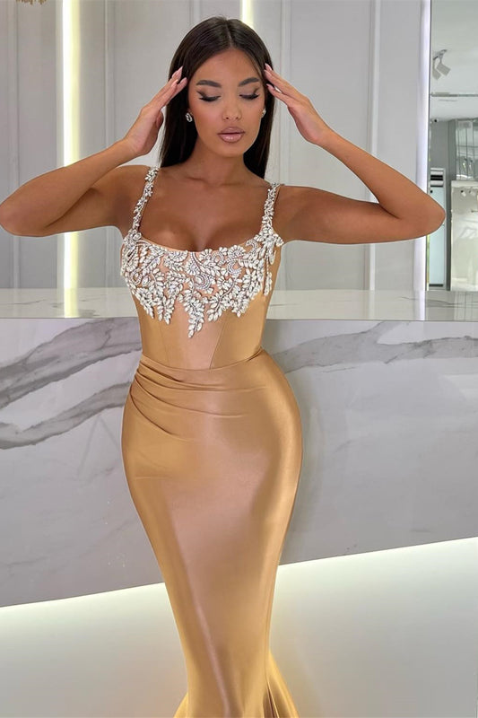Stunning Gold Straps Prom Dresses Sleeveless Mermaid Long With Crystal