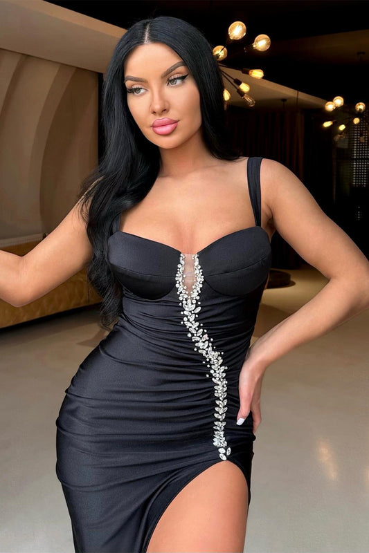 Gorgeous Black Sleeveless Mermaid Prom Dress Beaded Split Long