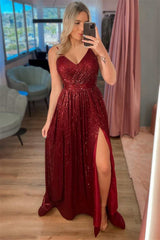 Modern Burgundy Spaghetti-Straps Prom Dresses Sequins Split V-Neck Long