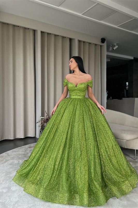 Green Off-the-Shoulder Ball Gown Evening Dress with Sequins