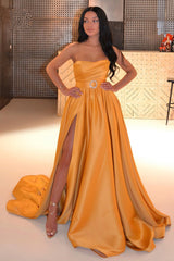 Chic Yellow Gold Strapless Prom Dresses Long Split With Belt