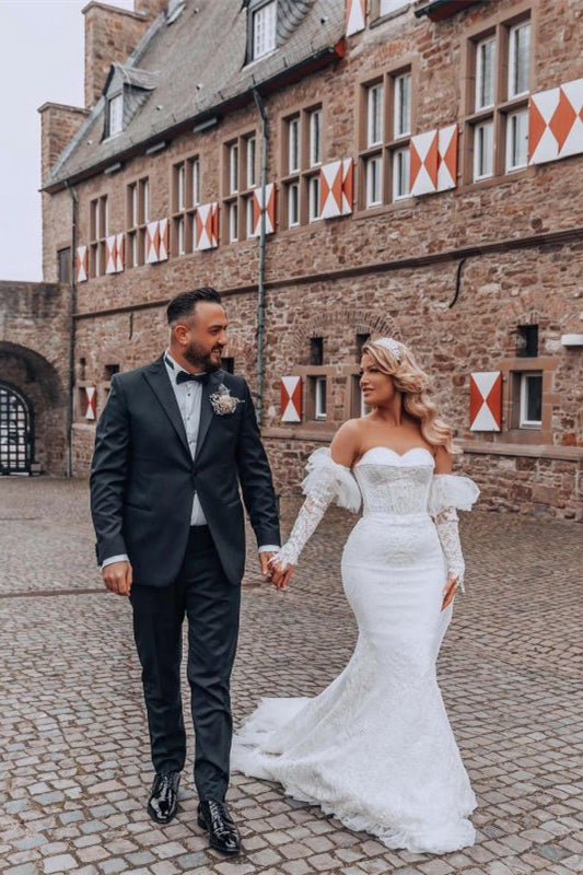 Sweetheart Mermaid Wedding Dress with Long Bubble Sleeves and Lace