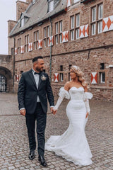Sweetheart Mermaid Wedding Dress with Long Bubble Sleeves and Lace