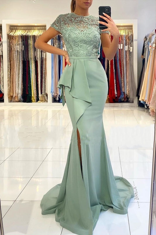 Gorgeous Dusty Sage Short Sleeve Mermaid Prom Dress Lace With Slit