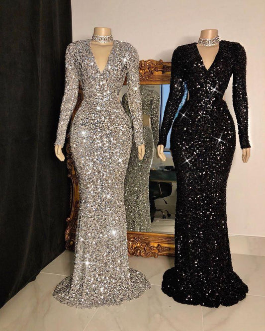 Glittering Long Sleeves Sequins Mermaid Prom Dress V-Neck