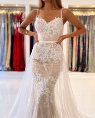 Spaghetti-Straps Mermaid Prom Dress Lace Appliques