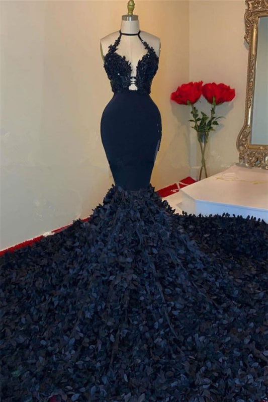 Dark Navy Halter V-Neck Mermaid Prom Dress with Applique