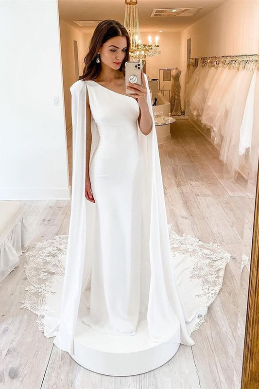 One-Shoulder Mermaid Wedding Dress in Charmeuse with Lace Watteau