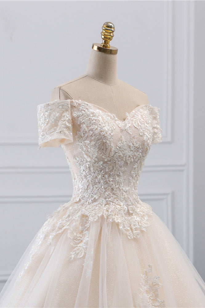 Elegant Off-the-Shoulder Princess Wedding Gown in Tulle with Lace Appliques