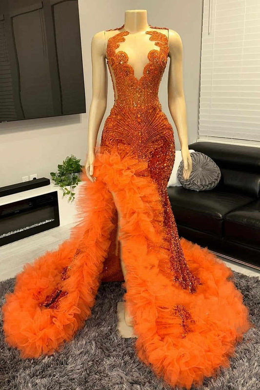 Modern Orange Sleeveless Slit Prom Dress Mermaid Long With Sequins Beadings Ruffles