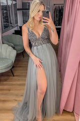 Modern V-Neck Straps A-Line Tulle Prom Dress Sequins Beadings With Split