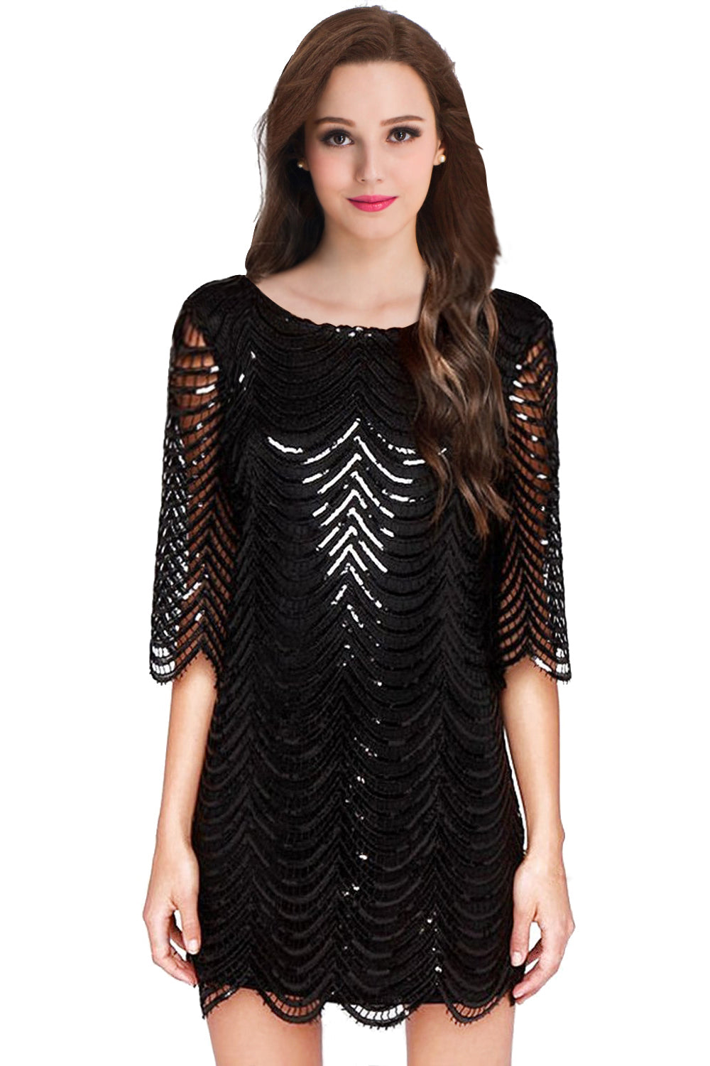 Black Champagne Sheath Long Sleeve Short Cocktailk Dresses