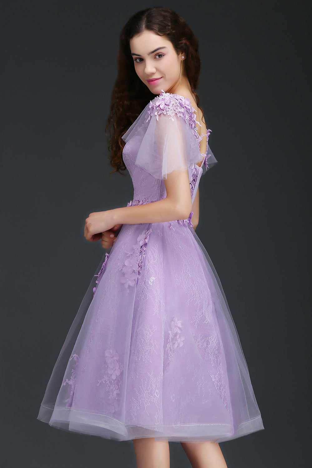 Lilac Sheer V Neck Short Sleeve A Line Lace Knee Length Cocktail Dresses