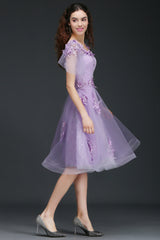 Lilac Sheer V Neck Short Sleeve A Line Lace Knee Length Cocktail Dresses