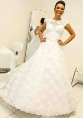 Lace Wedding Dress, A-Line/Princess Scoop Neck Long/Floor-Length with Waistband