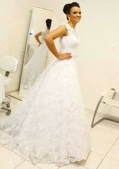 Lace Wedding Dress, A-Line/Princess Scoop Neck Long/Floor-Length with Waistband