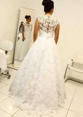 Lace Wedding Dress, A-Line/Princess Scoop Neck Long/Floor-Length with Waistband