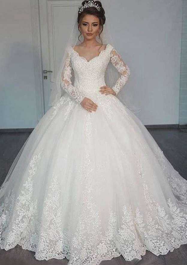 Lace Trimmed Tulle Ball Gown Wedding Dress with Scalloped Neckline