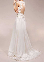 Lace Wedding Dress, A-Line/Princess V-Neck Sweep Train with Beaded
