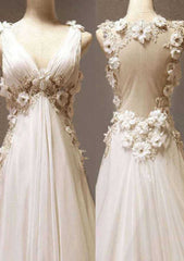 Lace Wedding Dress, A-Line/Princess V-Neck Sweep Train with Beaded