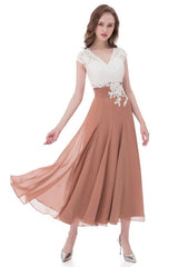 Chiffon Mother of the Bride Dress A-Line/Princess V-Neck Tea-Length with Lace