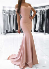Off-The-Shoulder Elastic Satin Trumpet/Mermaid Prom Dress with Pleats and Sweep Train