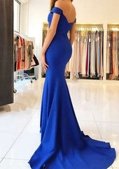 Off-The-Shoulder Elastic Satin Trumpet/Mermaid Prom Dress with Pleats and Sweep Train