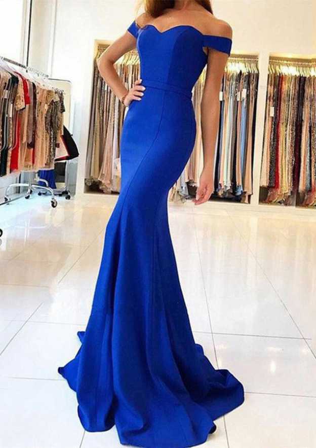Off-The-Shoulder Elastic Satin Trumpet/Mermaid Prom Dress with Pleats and Sweep Train