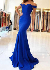 Off-The-Shoulder Elastic Satin Trumpet/Mermaid Prom Dress with Pleats and Sweep Train
