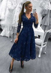 Lace Mother of the Bride Dress A-Line/Princess V-Neck Tea-Length with Beading