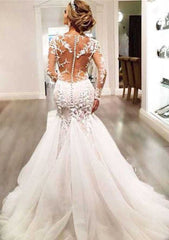 Sweep Train Trumpet/Mermaid Full/Long Sleeve V-Neck Covered Button Wedding Dress with Appliqued, Tulle