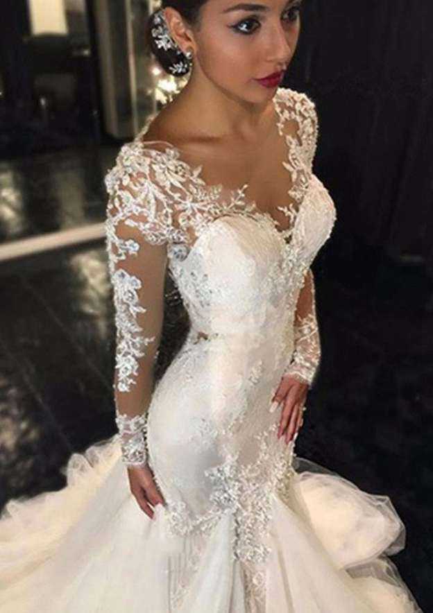 Sweep Train Trumpet/Mermaid Full/Long Sleeve V-Neck Covered Button Wedding Dress with Appliqued, Tulle