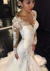 Sweep Train Trumpet/Mermaid Full/Long Sleeve V-Neck Covered Button Wedding Dress with Appliqued, Tulle