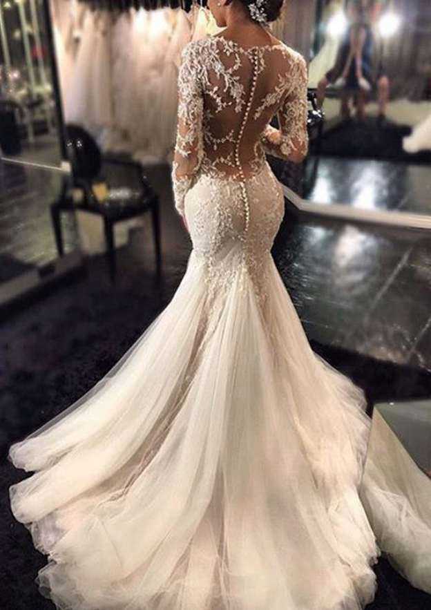 Sweep Train Trumpet/Mermaid Full/Long Sleeve V-Neck Covered Button Wedding Dress with Appliqued, Tulle