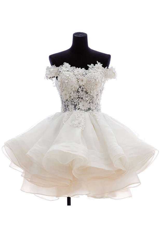 Off-The-Shoulder Short/Mini with Appliqued, Organza Wedding Dress A-Line/Princess