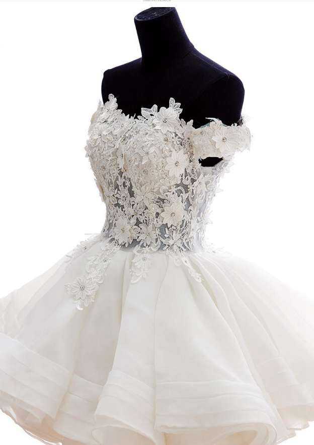Off-The-Shoulder Short/Mini with Appliqued, Organza Wedding Dress A-Line/Princess