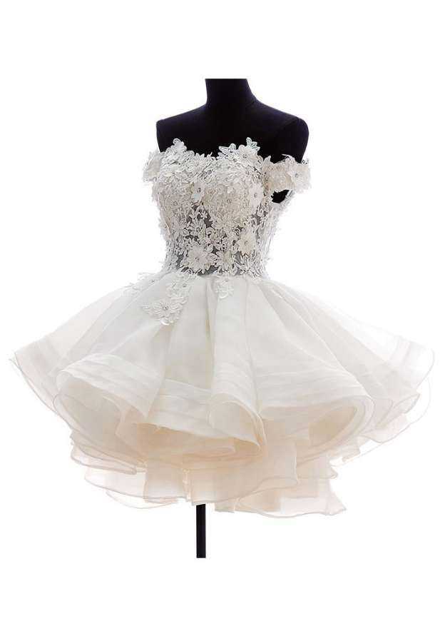 Off-The-Shoulder Short/Mini with Appliqued, Organza Wedding Dress A-Line/Princess