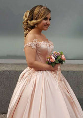 Off-The-Shoulder Court Train with Appliqued, Elastic Satin Wedding Dress A-Line/Princess