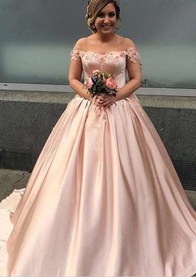 Off-The-Shoulder Court Train with Appliqued, Elastic Satin Wedding Dress A-Line/Princess