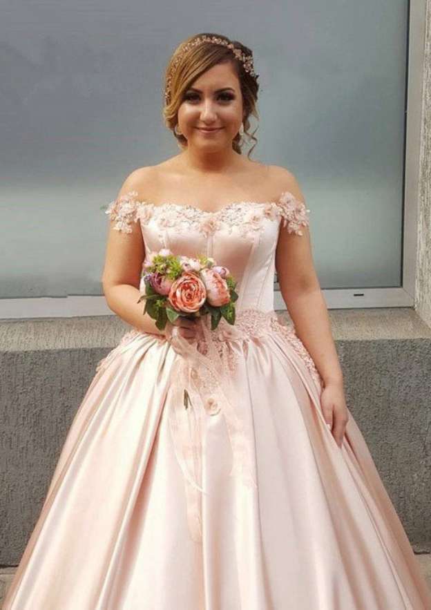 Off-The-Shoulder Court Train with Appliqued, Elastic Satin Wedding Dress A-Line/Princess